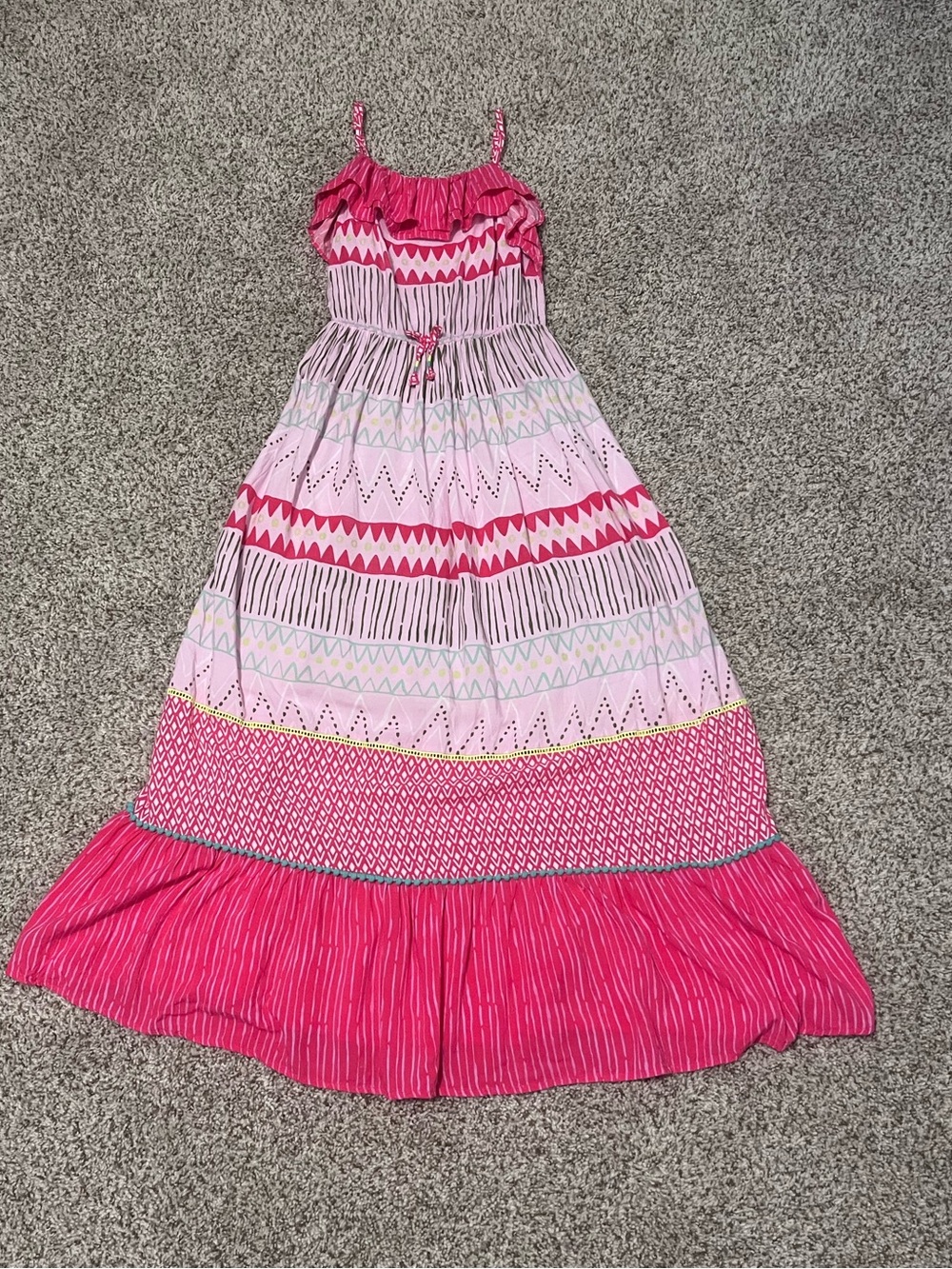 Pink Patterned Girls' Sundress with Ruffle Hem